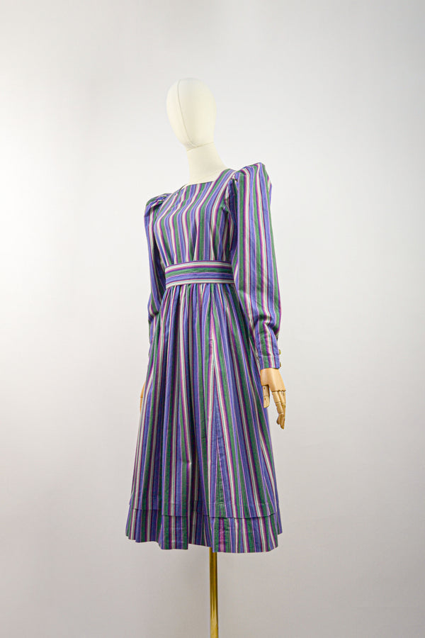 TWILIGHT VIOLET - 1980s Laura Ashley Purple Stripes Prairie Dress - Size S/M