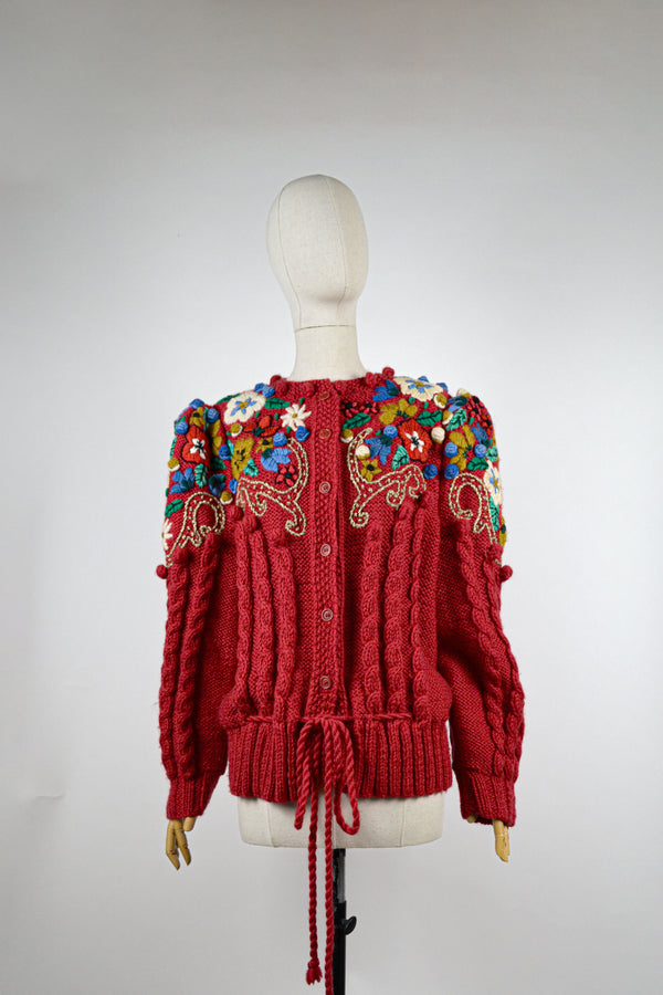 TWINKLING PETALS - 1980s Vintage Red Embroidered Austrian Cardigan - Size M/L