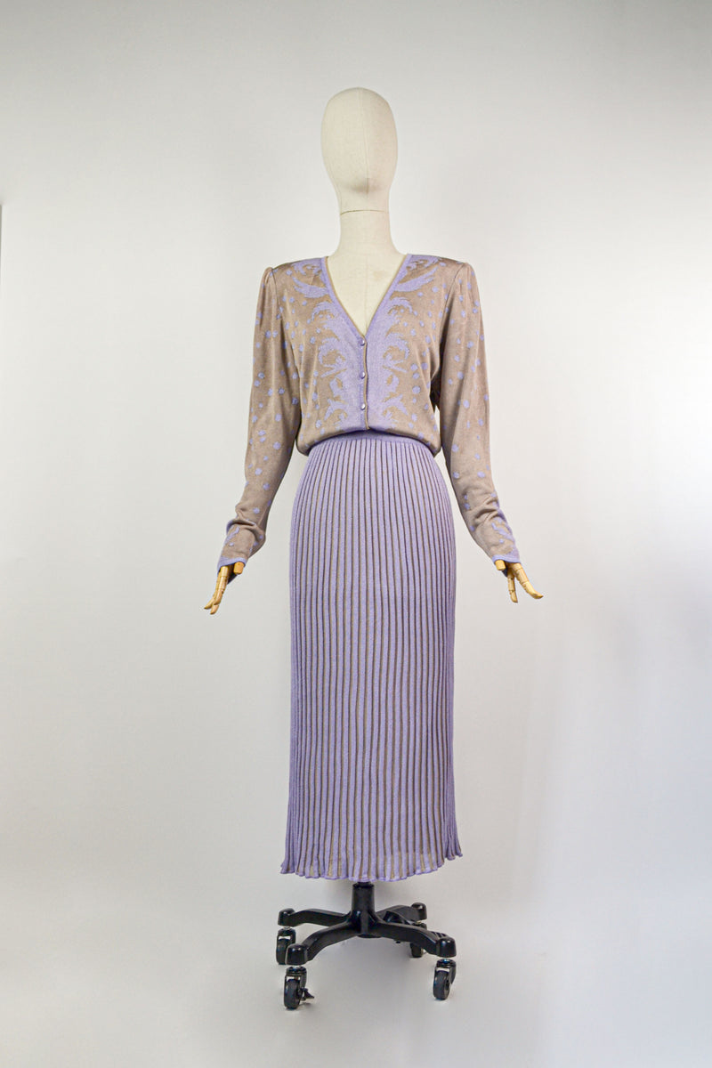 VIOLA - 1980s Vintage Medici by Gill Harvey Lilac and Taupe Knitted Dress - Size M