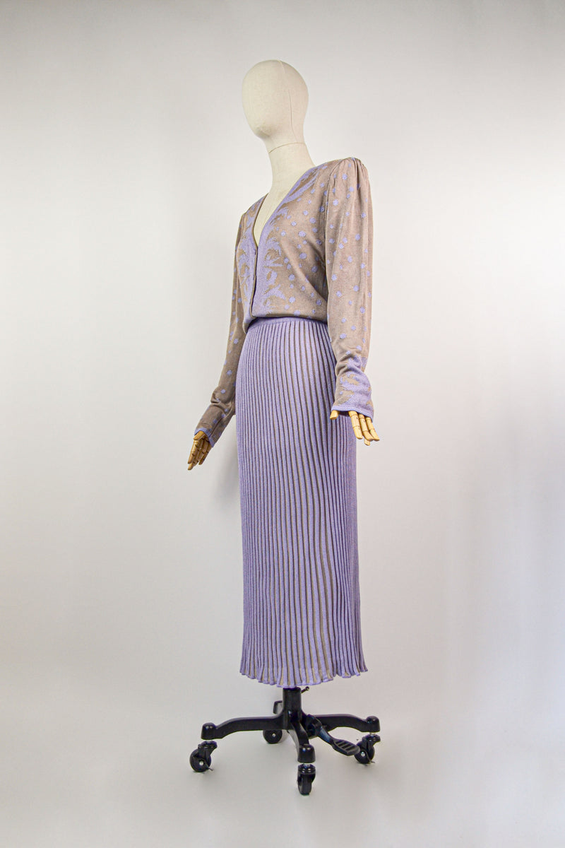 VIOLA - 1980s Vintage Medici by Gill Harvey Lilac and Taupe Knitted Dress - Size M