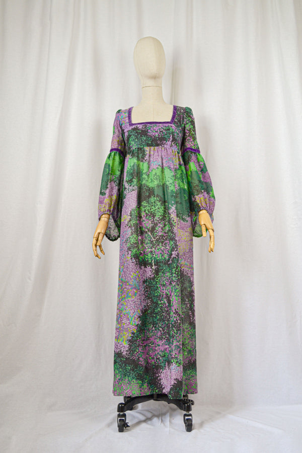 WALKING IN THE FOREST - 1970s Vintage Dollyrockers Empire Waist Dress - Size M/L