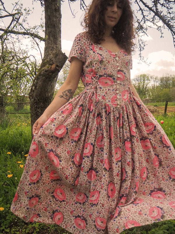 THE DAWN OF SPRING  - 1980s Vintage René Derhy Floral Dress - Size S/M