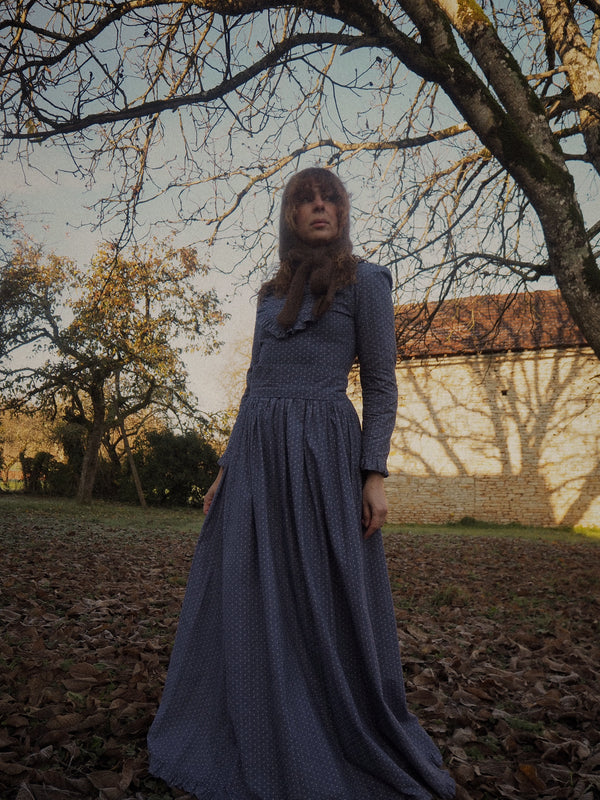 MAIA - 1970s Vintage Laura Ashley Ditsy Flower Navy Print Prairie Dress  Size XS/S