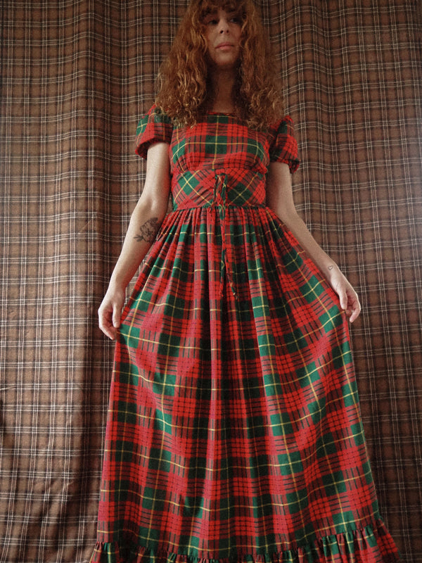 CANDLELIGHT - 1970s Vintage Red Tartan Maxi Dress - Size S