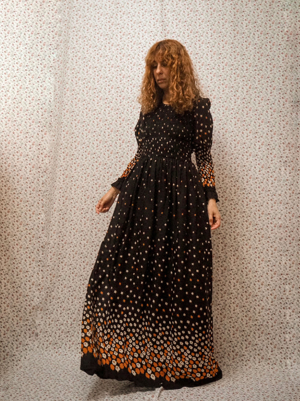COREOPSIS - 1970s Vintage & Rare Jane Delaucret Dark Floral Smoked Dress - Size S/M