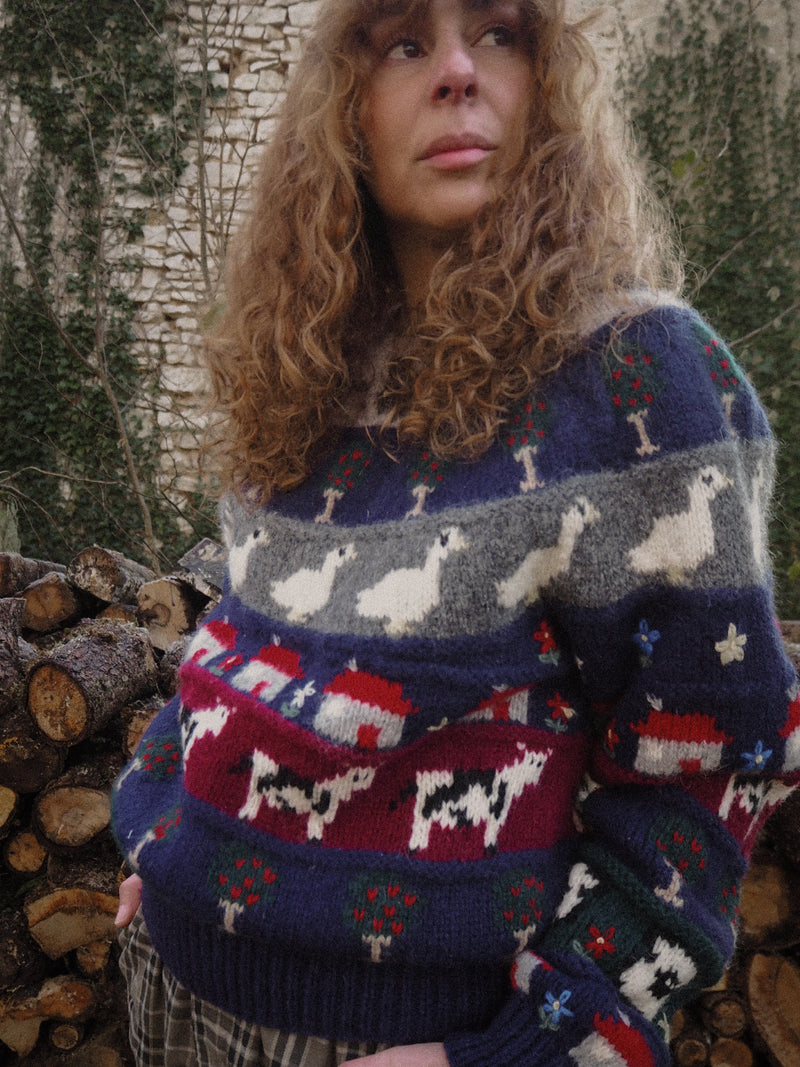 COTTAGE VERSE - 1980s Vintage Wool Cottage Scenery Jumper - S/M