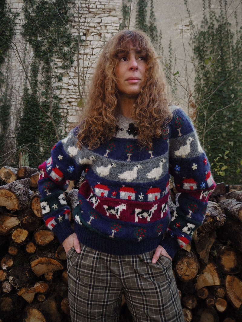 COTTAGE VERSE - 1980s Vintage Wool Cottage Scenery Jumper - S/M