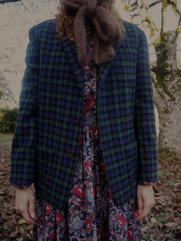 EVERGREEN TARTAN - 1980s Vintage Cacharel Gren and Navy Tartan Jacket - Size S/M