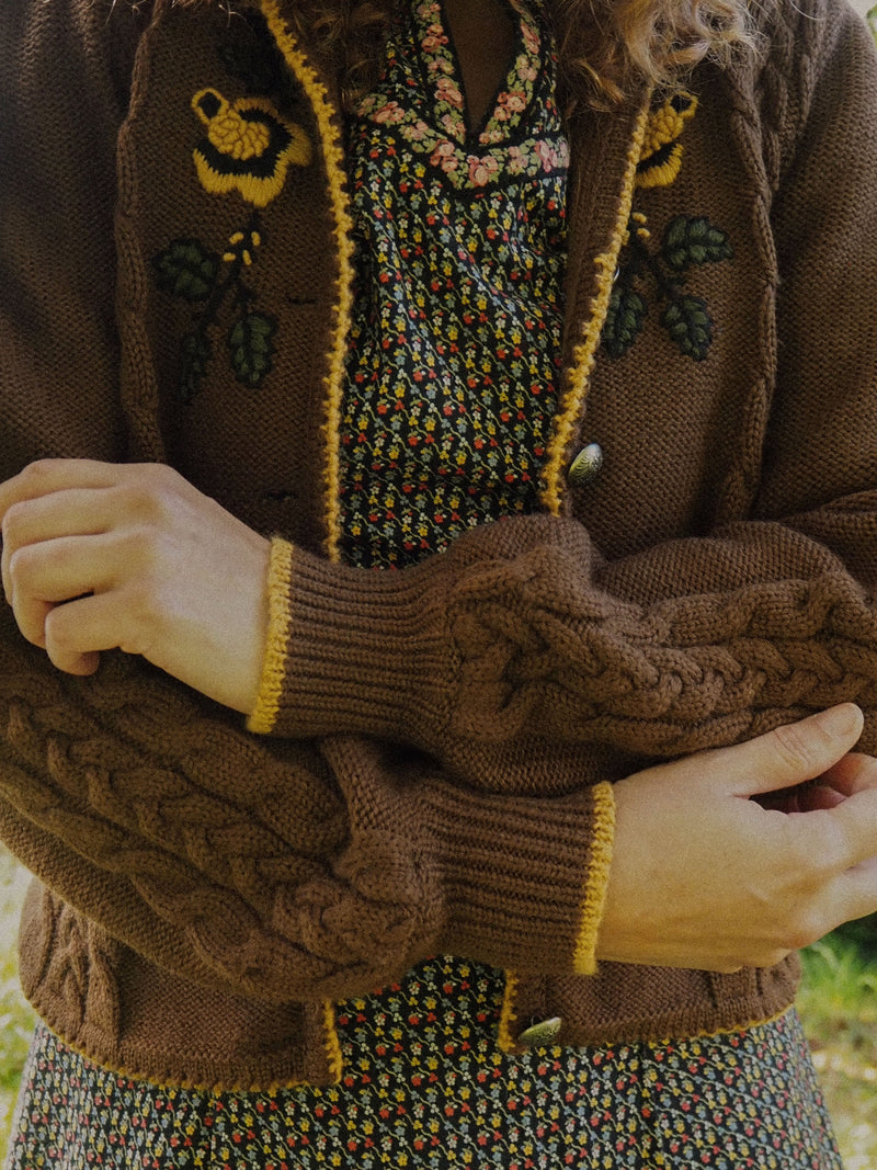 GOLDEN BLOOM - 1980s Vintage Lanamoden Brown Embroidered Austrian Cardigan - Size S/M