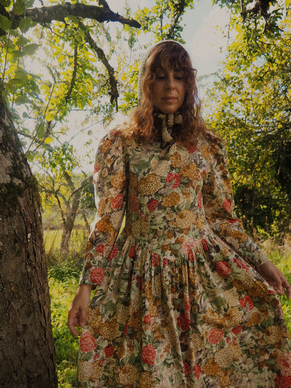 MAPLE - 1980s Vintage Autumn Floral Cotton Dress - Size M