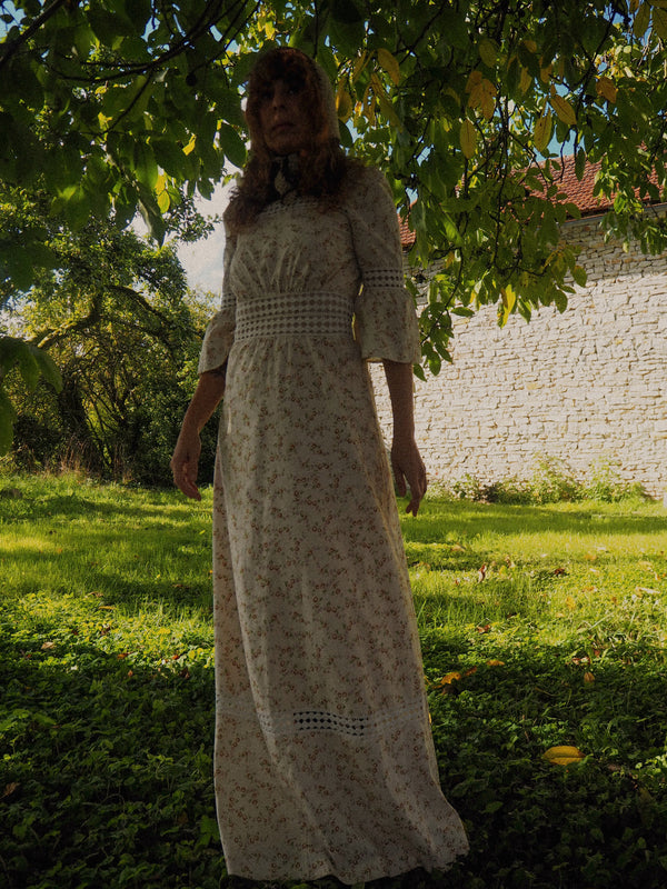 SWEET DREAM - 1970s Vintage Floral Cotton Prairie Dress - Size S