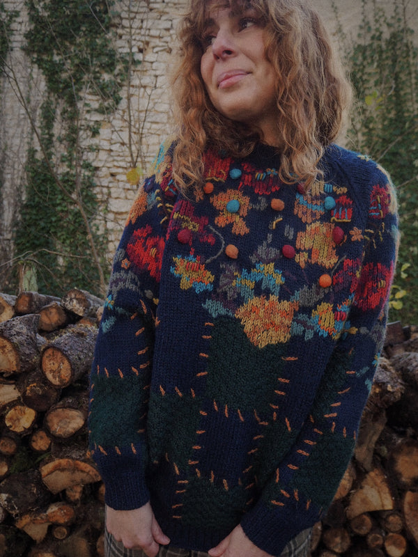 WREATH - 1990s Vintage Floral Embroidery Wool Jumper - Size S/M