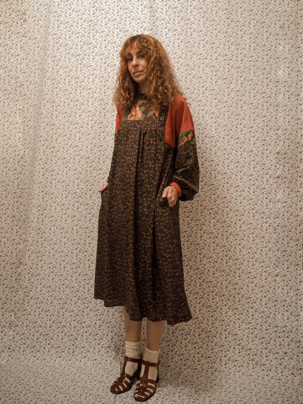 CROSCOMIA - 1980s Vintage Anastasia Paris Patchwork Midi Dress - Size S/M