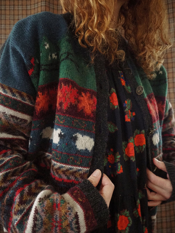 FESTIVE FLOCK - 1990s Vintage Woolrich Sheep Scenery Wool Cadigan - Size S/M