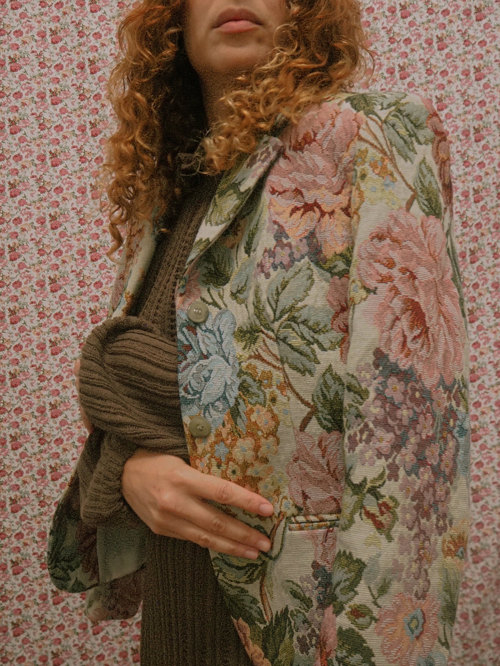 Vintage fashion 80s Pastel Floral Tapestry Jacket Made in Texas 100% cotton