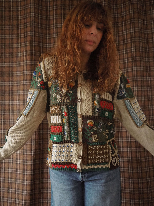 GINGERBREAD  - 1990s Rare & Exquisite Wolkenstricker Patchwork Austrian Cardigan - Size M/L