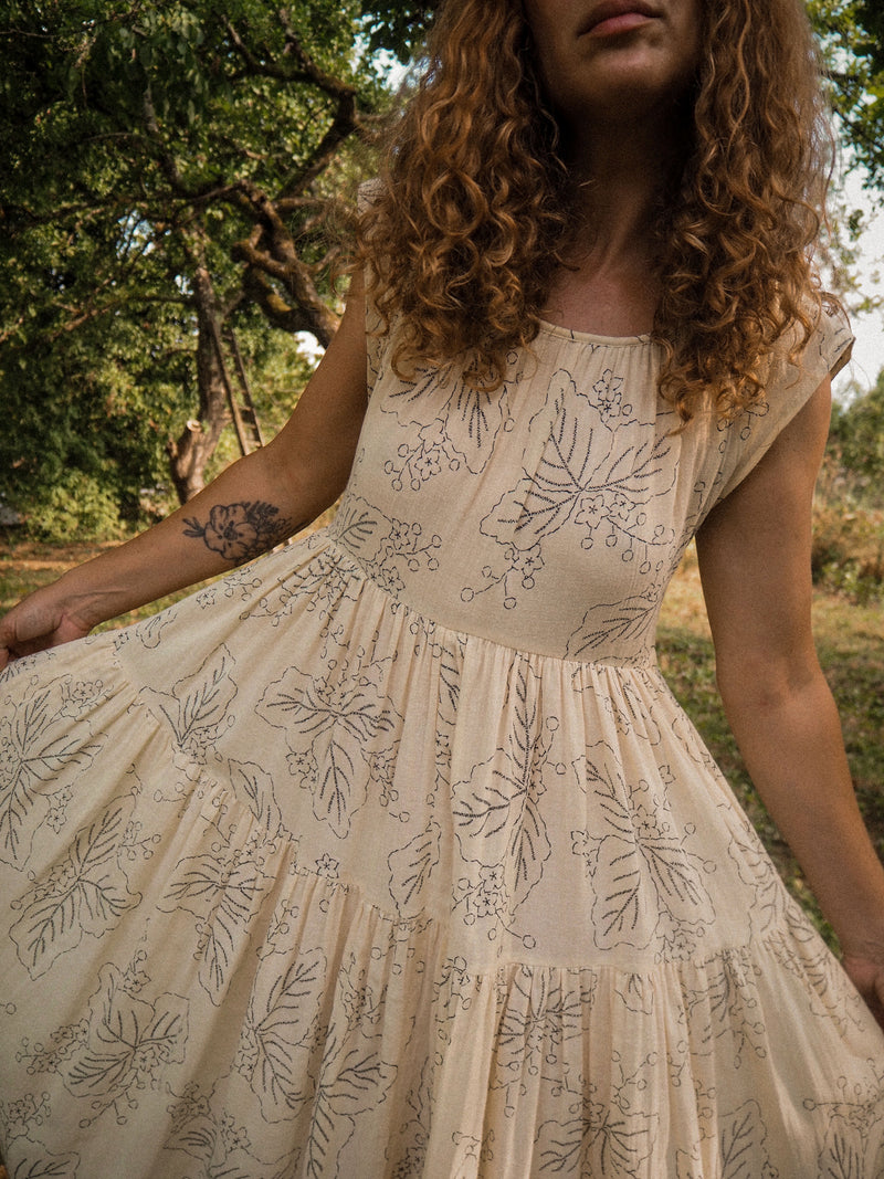 MILLET - 1970s Vintage Cacharel Cream and Black Floral Dress - Size S/M