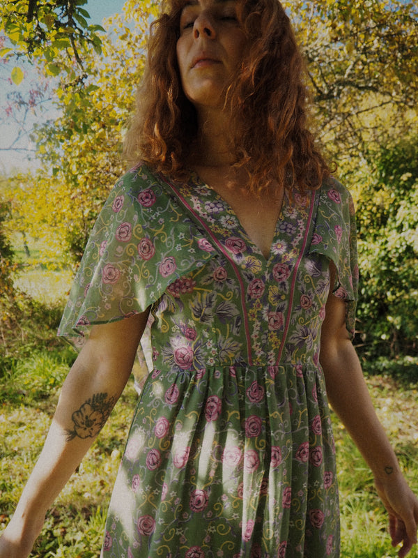 MUTED BLOOM - 1970s Vintage Sherman Of London  Floral Prairie Maxi Dress - Size S