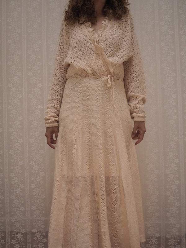 ALMOND - 1970s Vintage Almond Crochet Dress - Size M/L