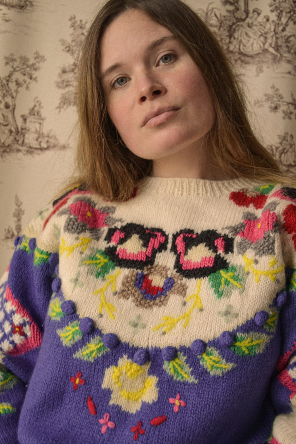HAPPY FLORAL - 1980s Vintage Hand-knitted Colorful Floral Jumper- Size S/M