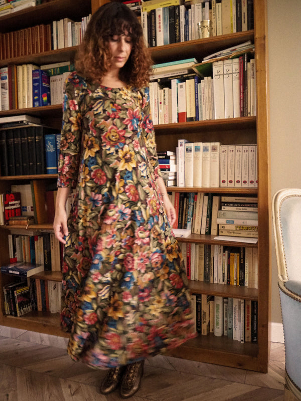 PETALS & STITCH - 1990s Vintage Tapestry Floral Crossed Stitch Dress - Size S