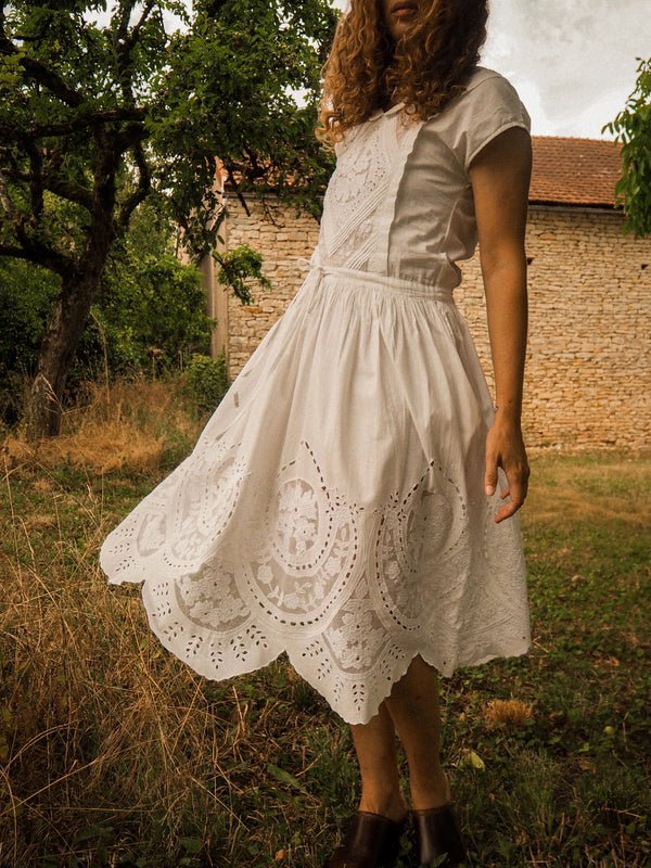 PLUME - 1980s Vintage Rene Derhy Embroidered Cotton Dress - Size S/M
