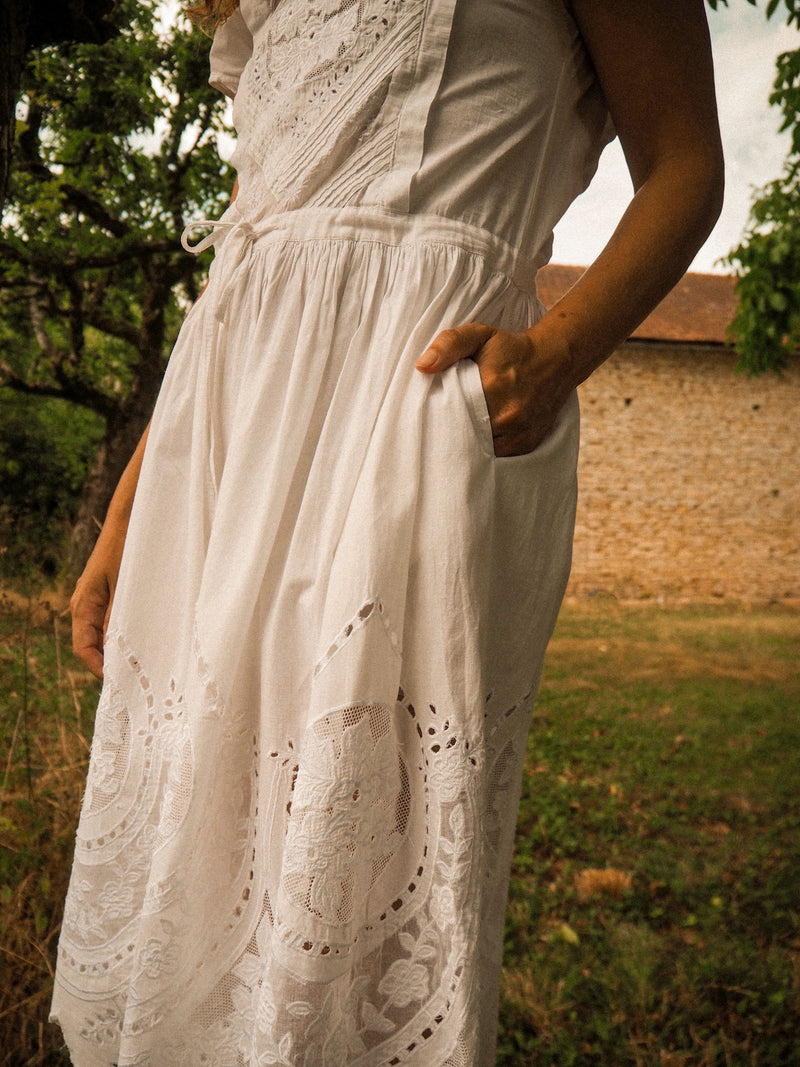 PLUME - 1980s Vintage Rene Derhy Embroidered Cotton Dress - Size S/M