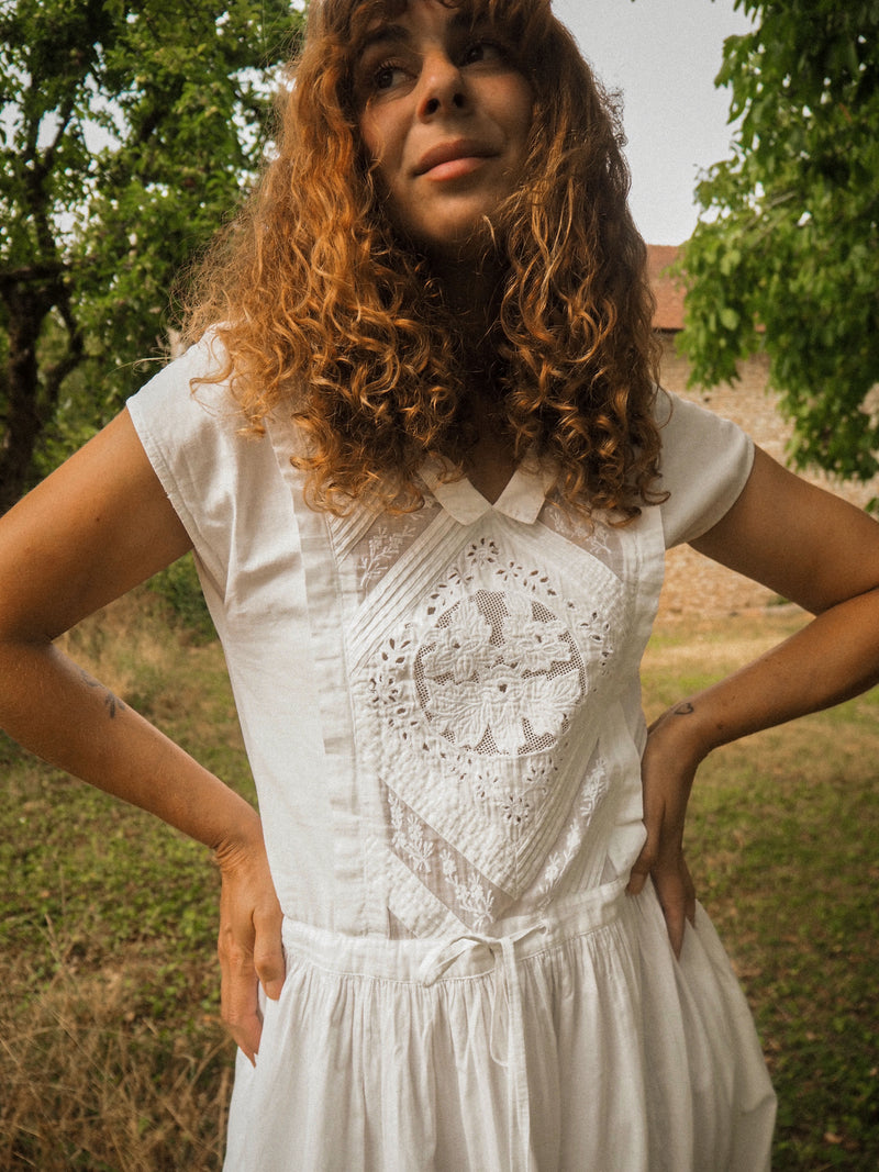 PLUME - 1980s Vintage Rene Derhy Embroidered Cotton Dress - Size S/M