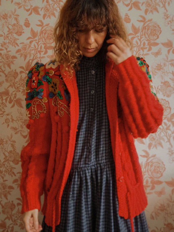 TWINKLING PETALS - 1980s Vintage Red Embroidered Austrian Cardigan - Size M/L