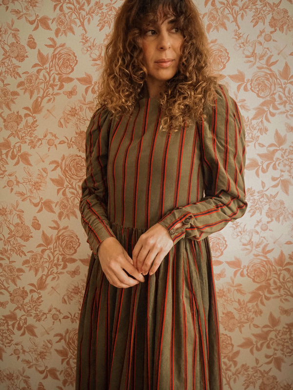 PINE NEEDLE - 1980s Laura Ashley Olive Green Stripes Corduroy Prairie Dress - Size M