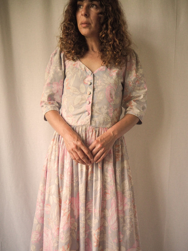 WILD ROSE - 1980s Vintage Floral Laura Ashley Prairie Dress - Size M-L
