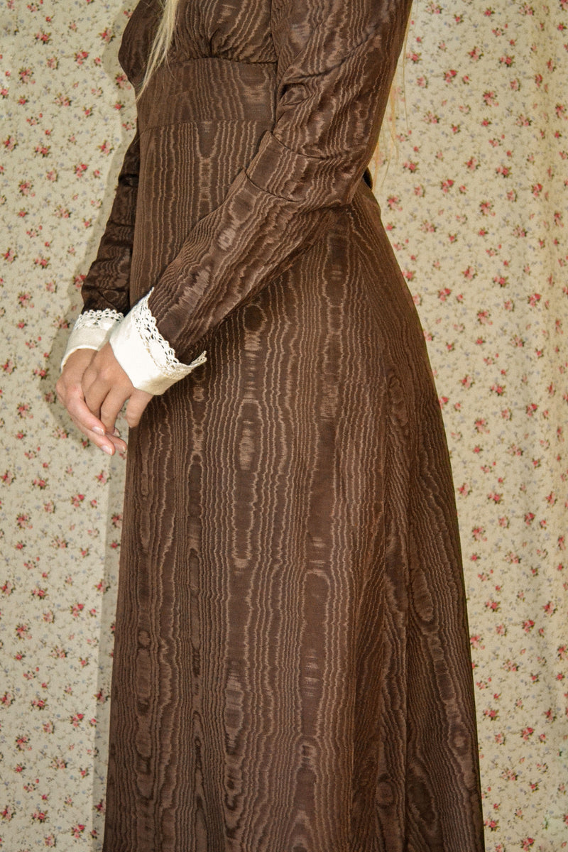 ALDER - 1970s Vintage Quad Moiré Brown Prairie Dress - Size M