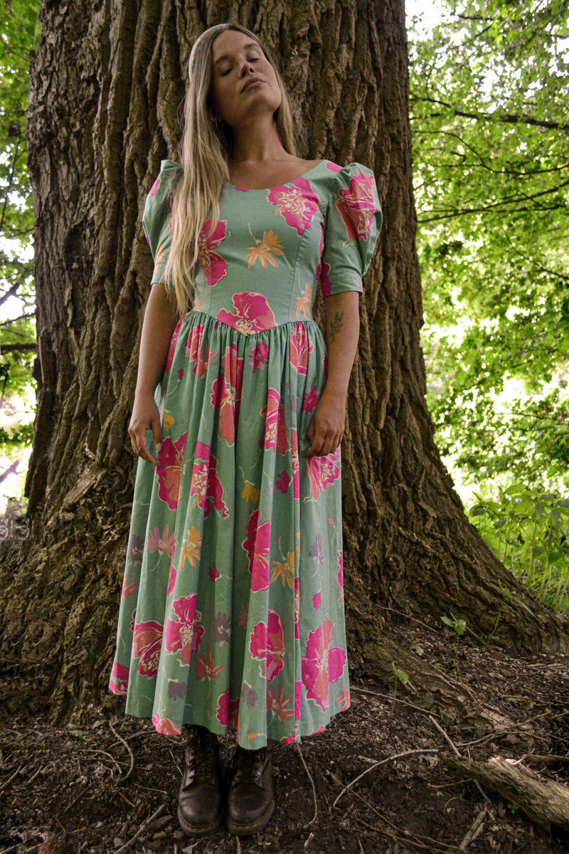 AQUAMARINE - 1980s Vintage Laura Ashley Backless Aqua Floral Dress - Size M