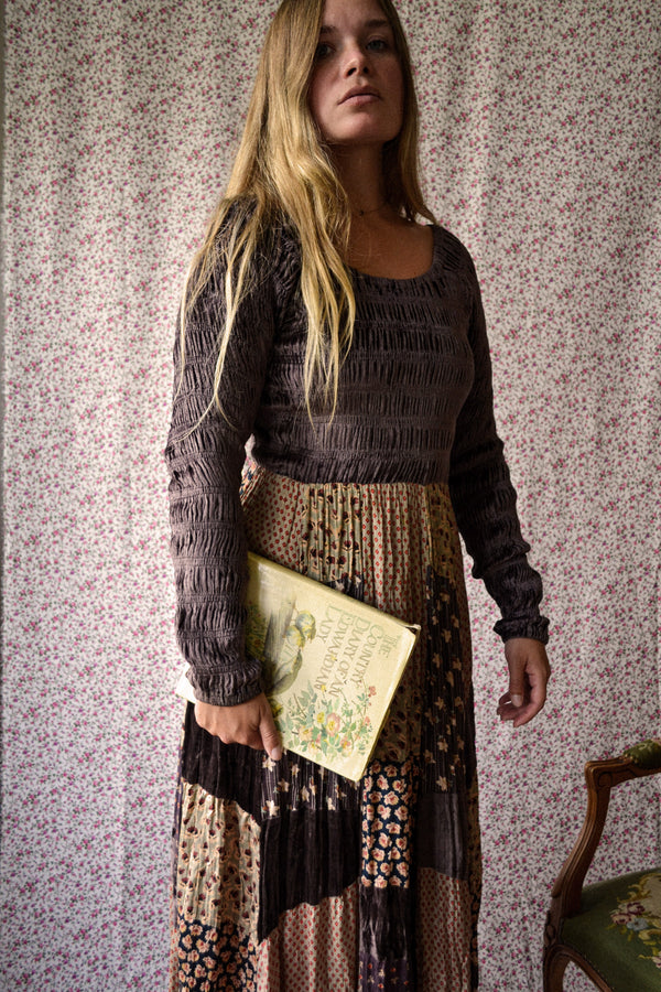 AUTUMN - 1980s early 1990s Vintage Brown Patchwork Dress by René Derhy - Size M