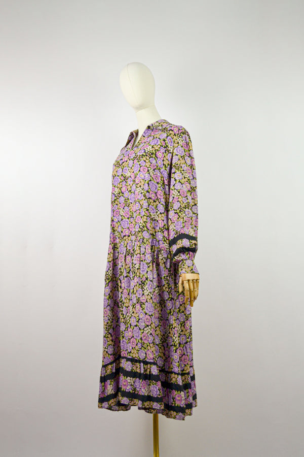 BLOSSOM WHISPER - 1970s Vintage Leygil Floral Dress - Size M/L