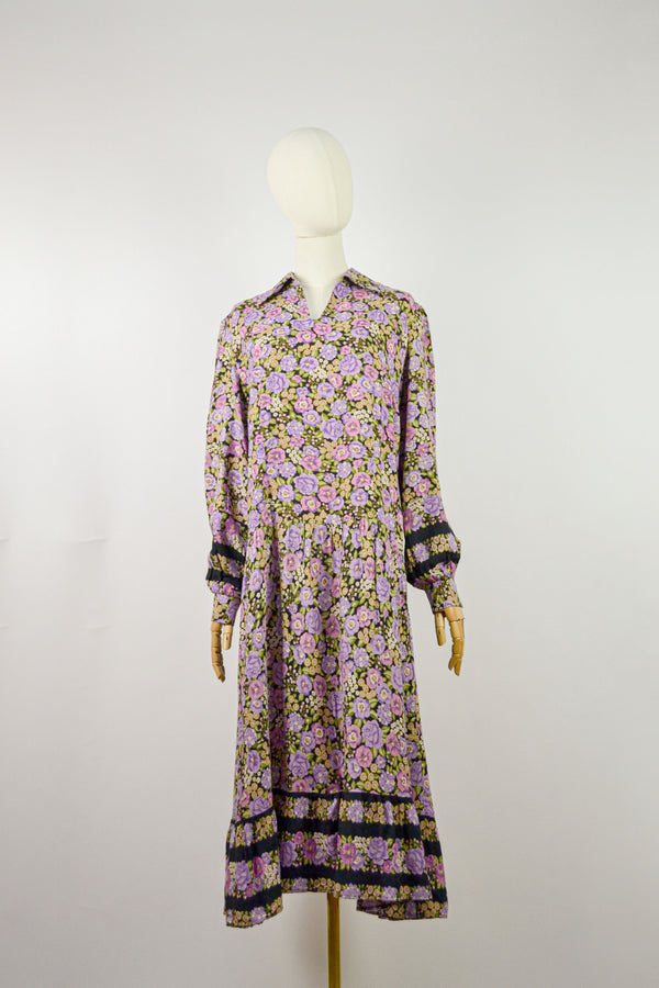 BLOSSOM WHISPER - 1970s Vintage Leygil Floral Dress - Size M/L