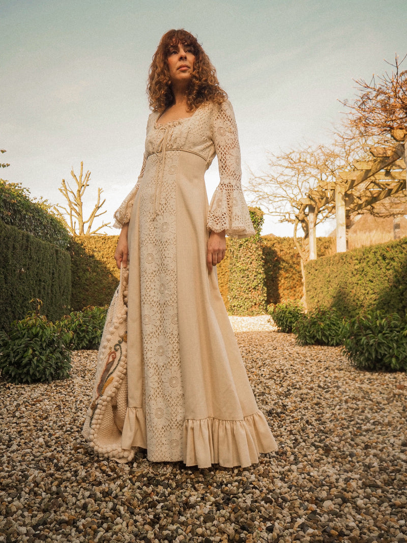 CAMELIA - 1970s Vintage Ivory Crochet Style Lace Prairie Dress - Size S/M