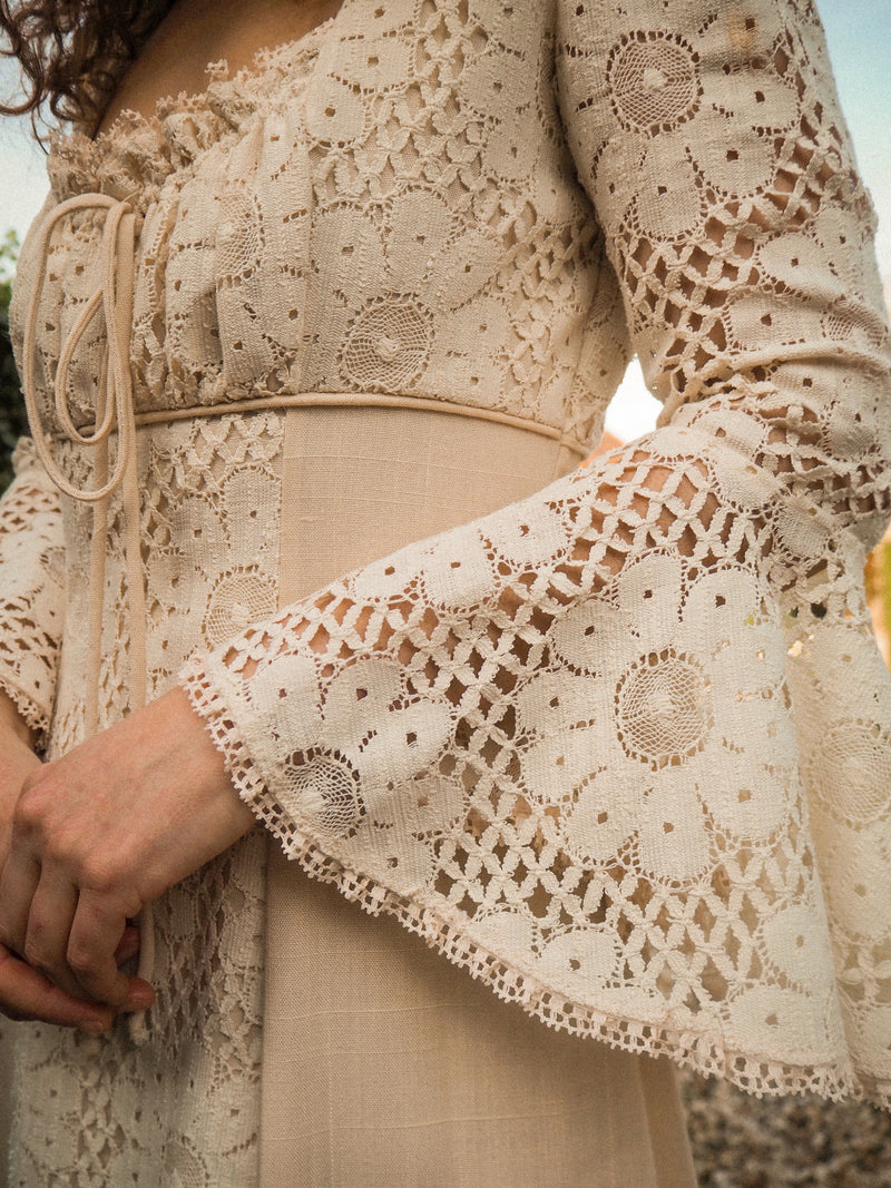 CAMELIA - 1970s Vintage Ivory Crochet Style Lace Prairie Dress - Size S/M
