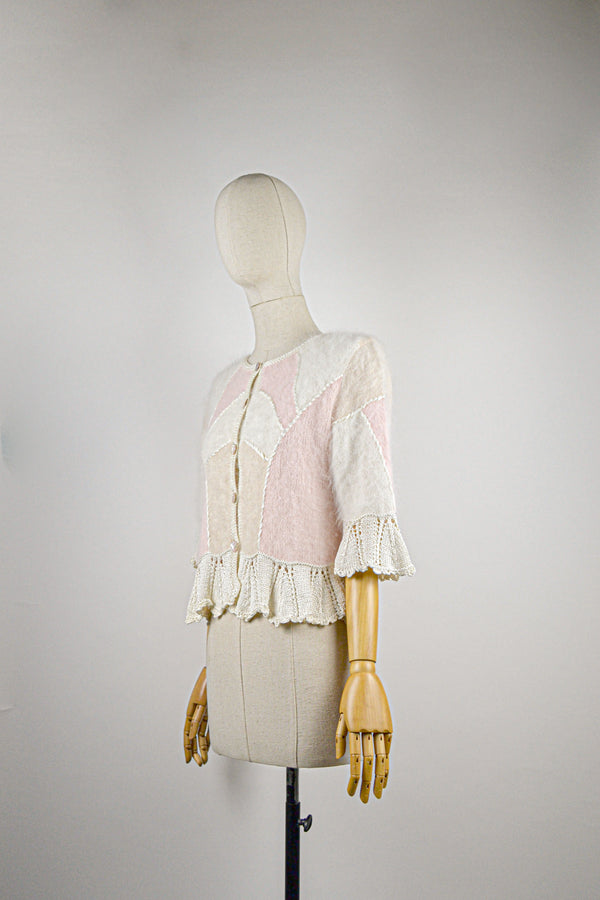 MARSHMALLOW - 1980s Vintage Pastel Angora Cardigan - Size S/M