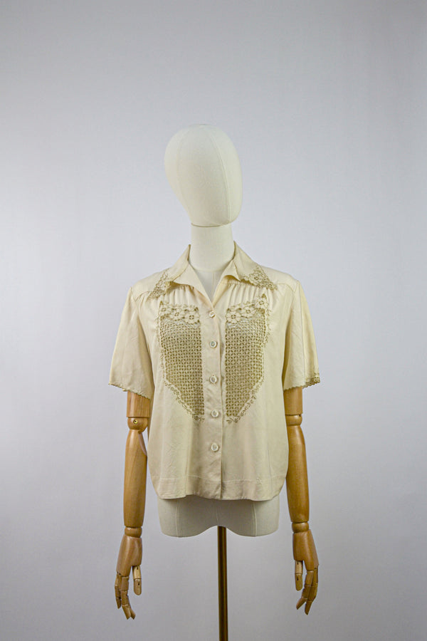 COUCOU - 1950s Vintage Silk and Cotton Cut-out  Blouse Size S/M