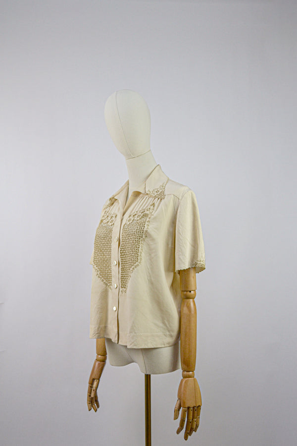 COUCOU - 1950s Vintage Silk and Cotton Cut-out  Blouse Size S/M