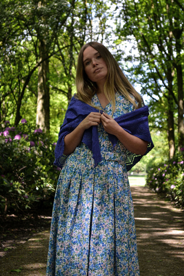 DELPHINIUM - 1980s Vintage Marion Donaldson Blue Floral Print Dress - Size M