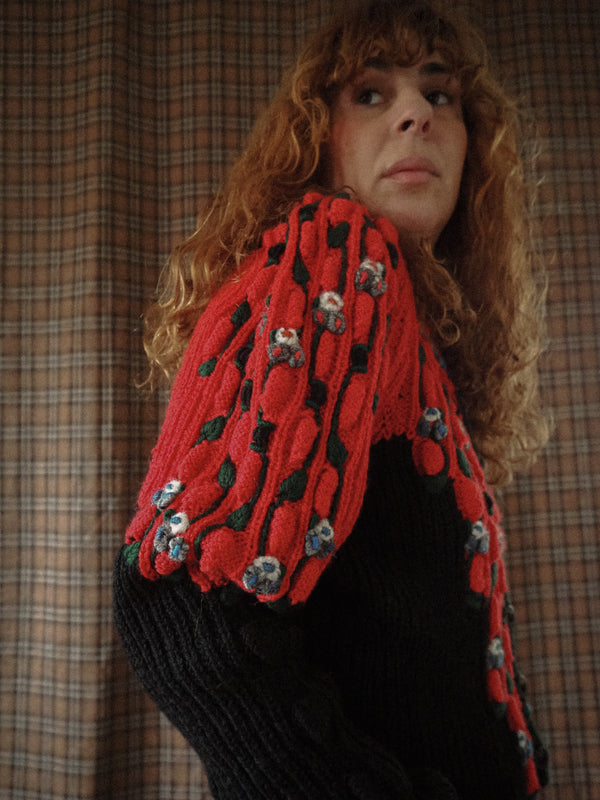 ENCHANTED - 1980s Rare Wolkenstricker Red and Black Embroidered Austrian Cardigan - Size S/M