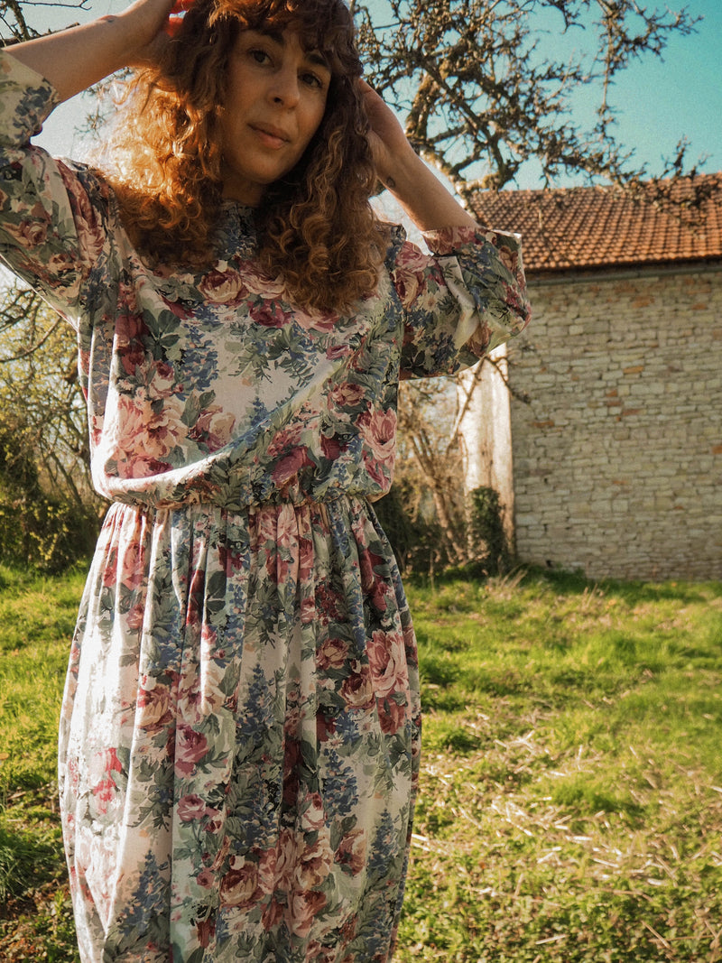ENGLISH GARDEN - 1980s Vintage Floral Tapestry Dress - Size M/L