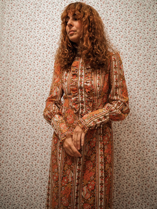 GINGER - 1970s Vintage Dollyrockers Paisley Print Midi Dress - Size S/M