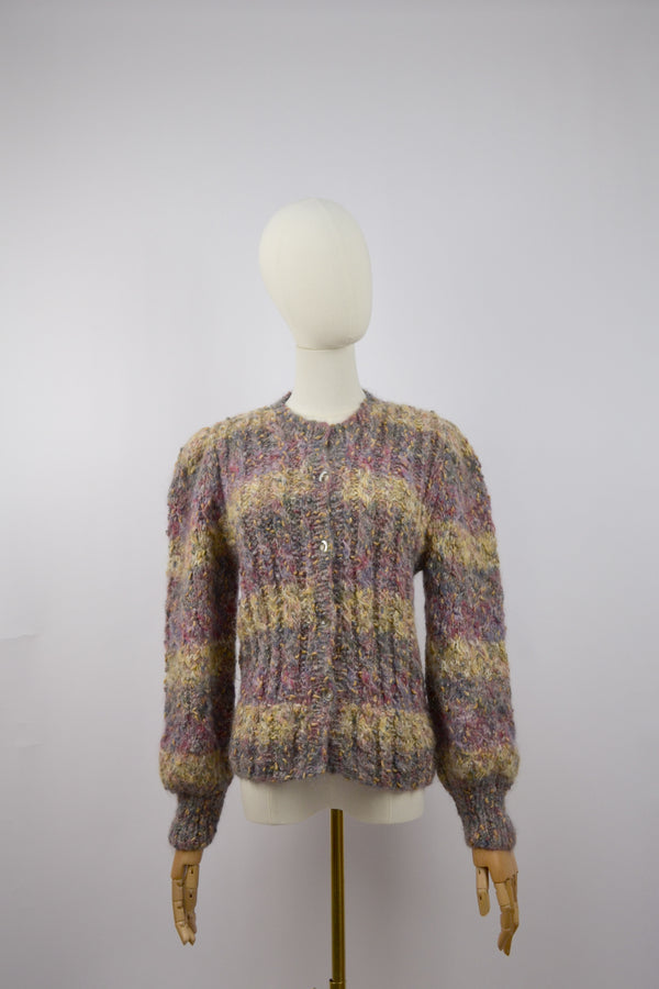 HAPPY AND COZY - 1980s Vintage Hand Knitted Wool Cardigan- SIZE S/M