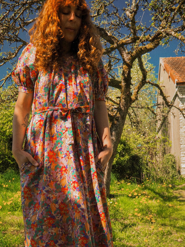 IN BLOOM - 1980s Vintage Christine Laure Vibrant Floral Print Dress - Size S/M