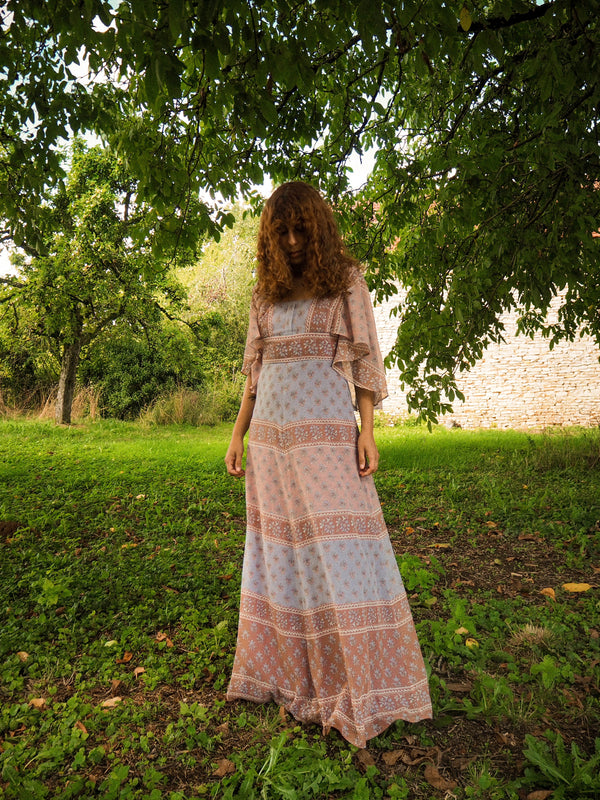 ROSEWOOD -  1970s Vintage Sherman Of London  Floral Prairie Maxi Dress - Size S/M