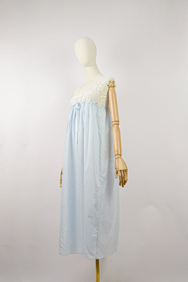 SWEET LOVE - 1960s Vintage Blue Azure Cotton Organza Nightgown - Size S/M