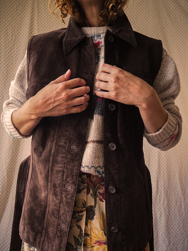 SYCAMORE - 1990s Vintage Laura Ashley Dark Brown Suede Waistcoat - Size M/L